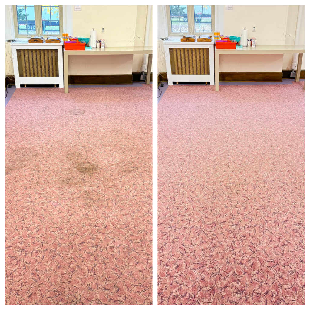Carpet cleaning before and after: dark stains removed from a carpeted room