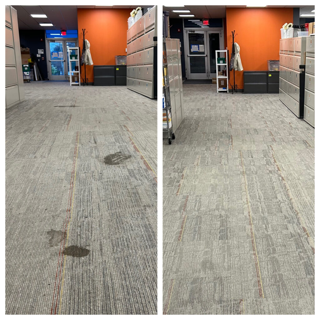 Office carpet before and after: dark stains removed from commercial carpet
