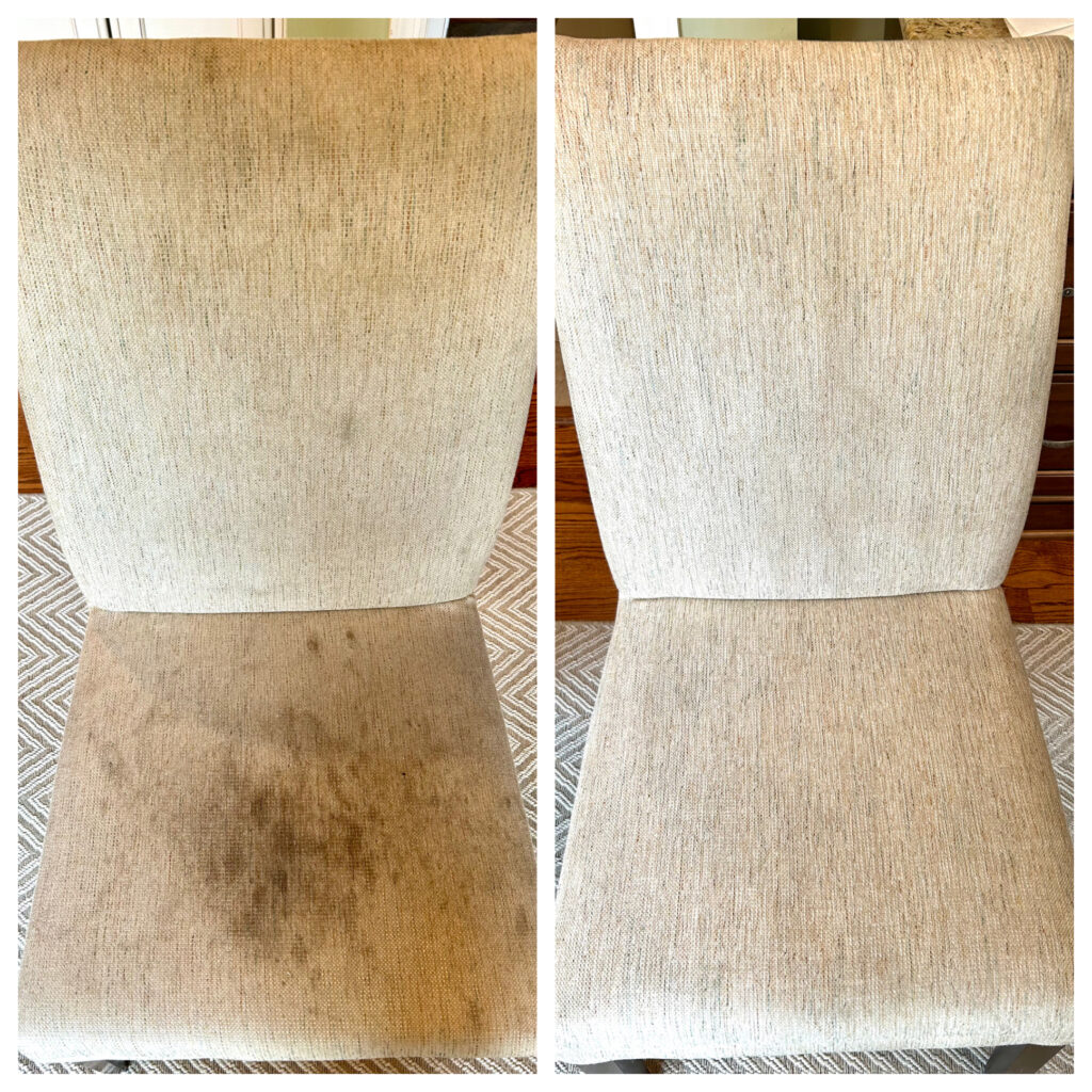 Upholstered dining chair before and after: stains removed from fabric seat and back