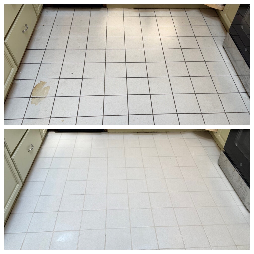 Kitchen tile and grout before and after: dark grout lines restored to white