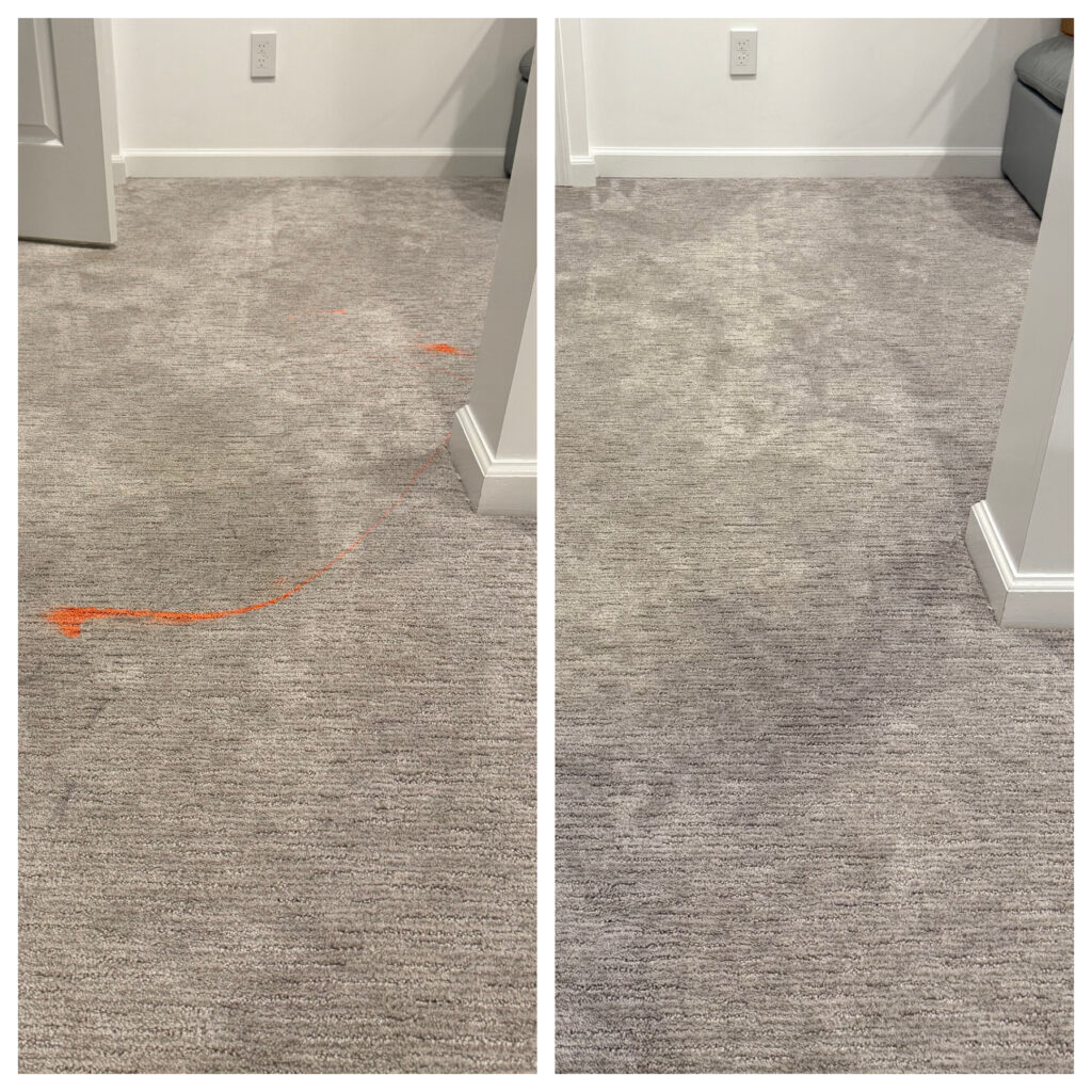 Carpet before and after: orange stain removed from gray carpet